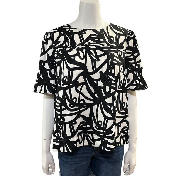 J.Crew 365 Abstract Black White Blouse Size 12 Short Sleeve - Picture 2 of 11